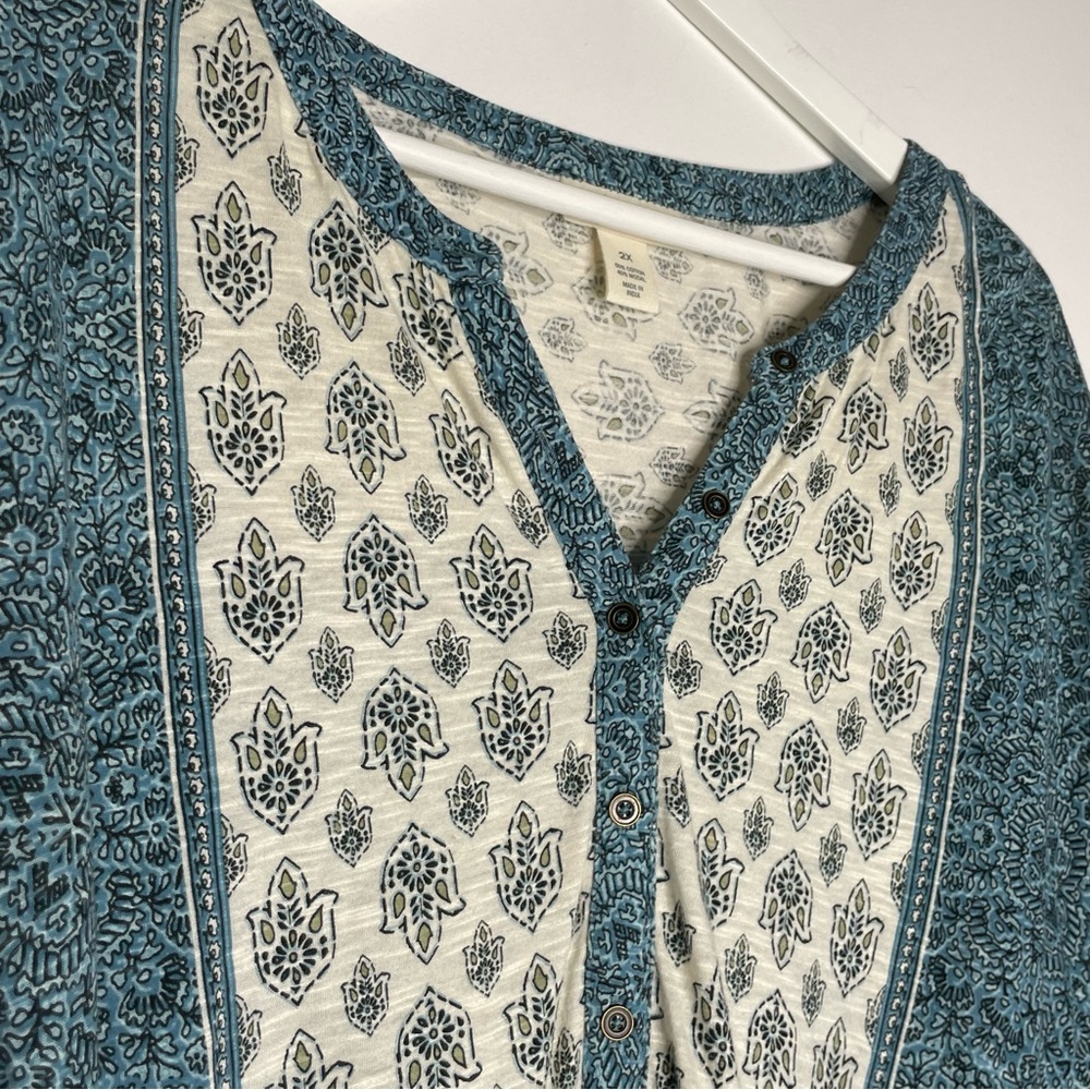 Style & Co. Woman cream & green paisley-print henley blouse long sleeves Size 2X - Picture 4 of 16